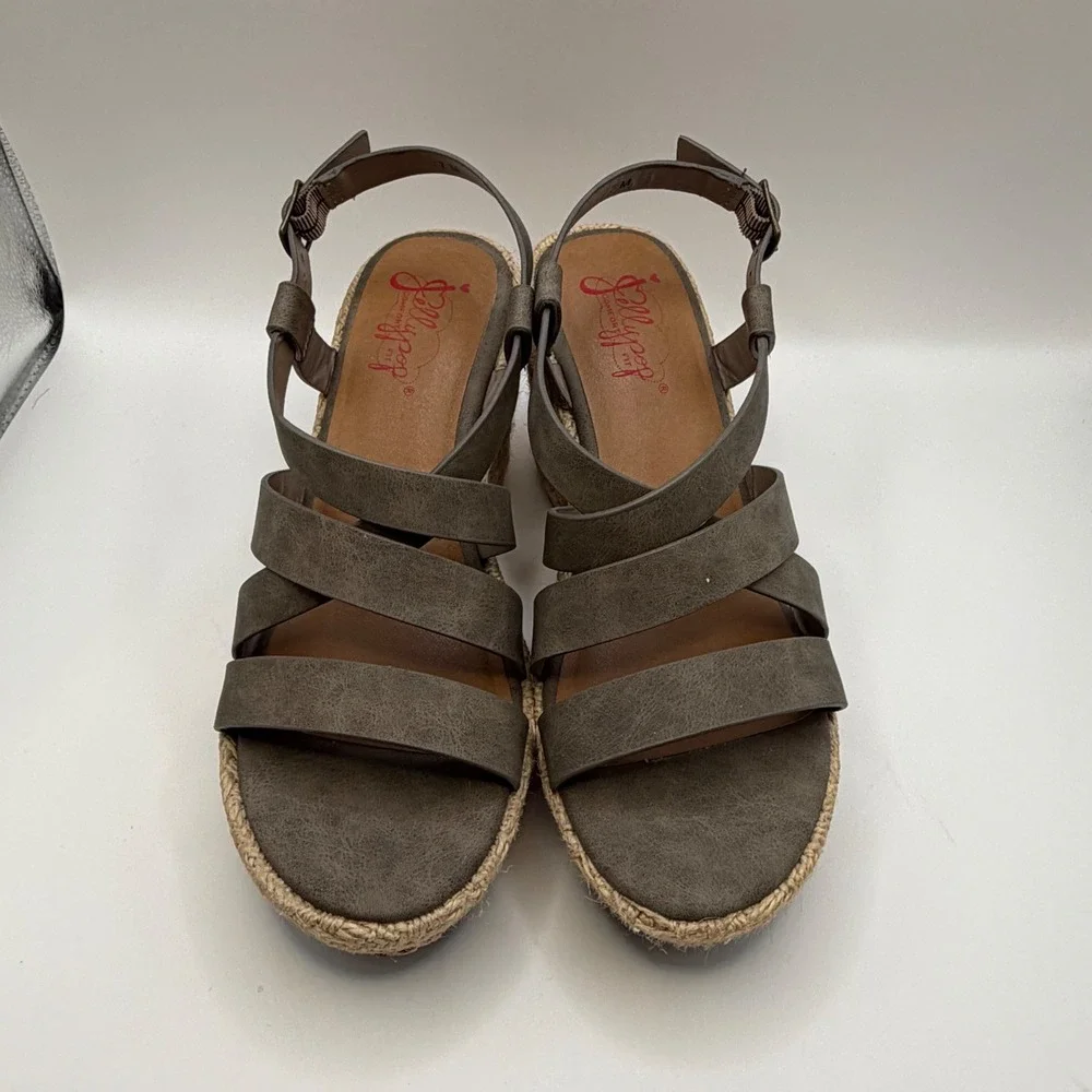 Jellypop Joan Taupe Gray Espadrille Wedge Sandals Womens Size 7M Multi Strap